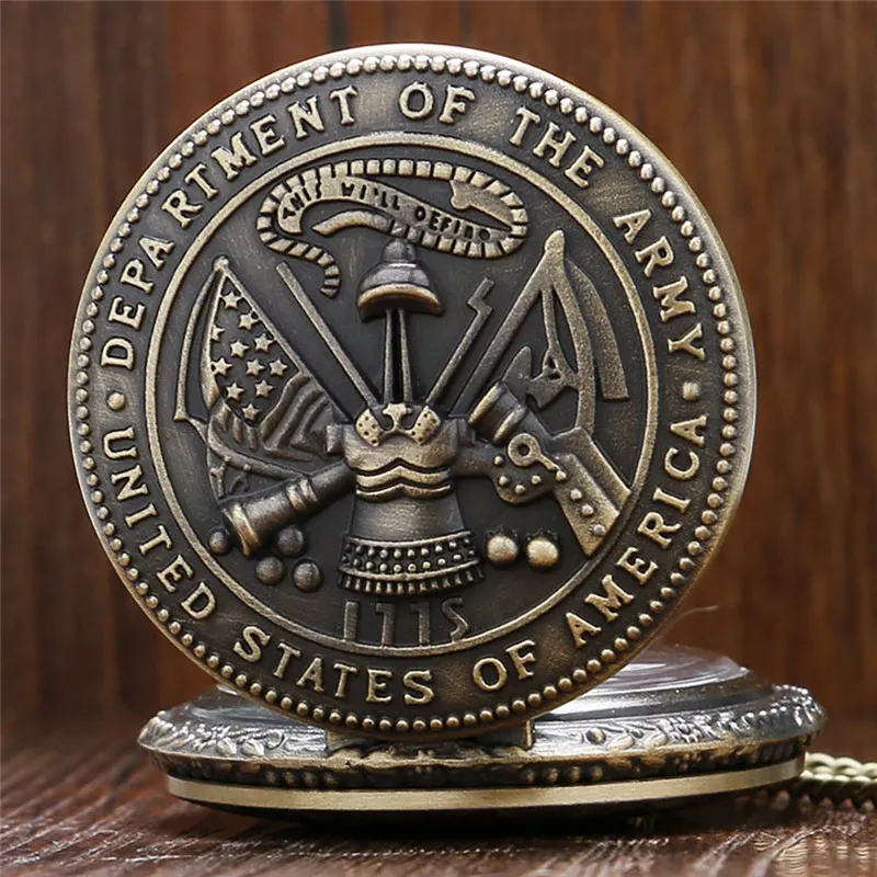 Retro-Bronze-Taschenuhr des US-Armeeministeriums, Vintage-Quarz-Analog-Militäruhren mit Halskette, Geschenk 260 Jahre