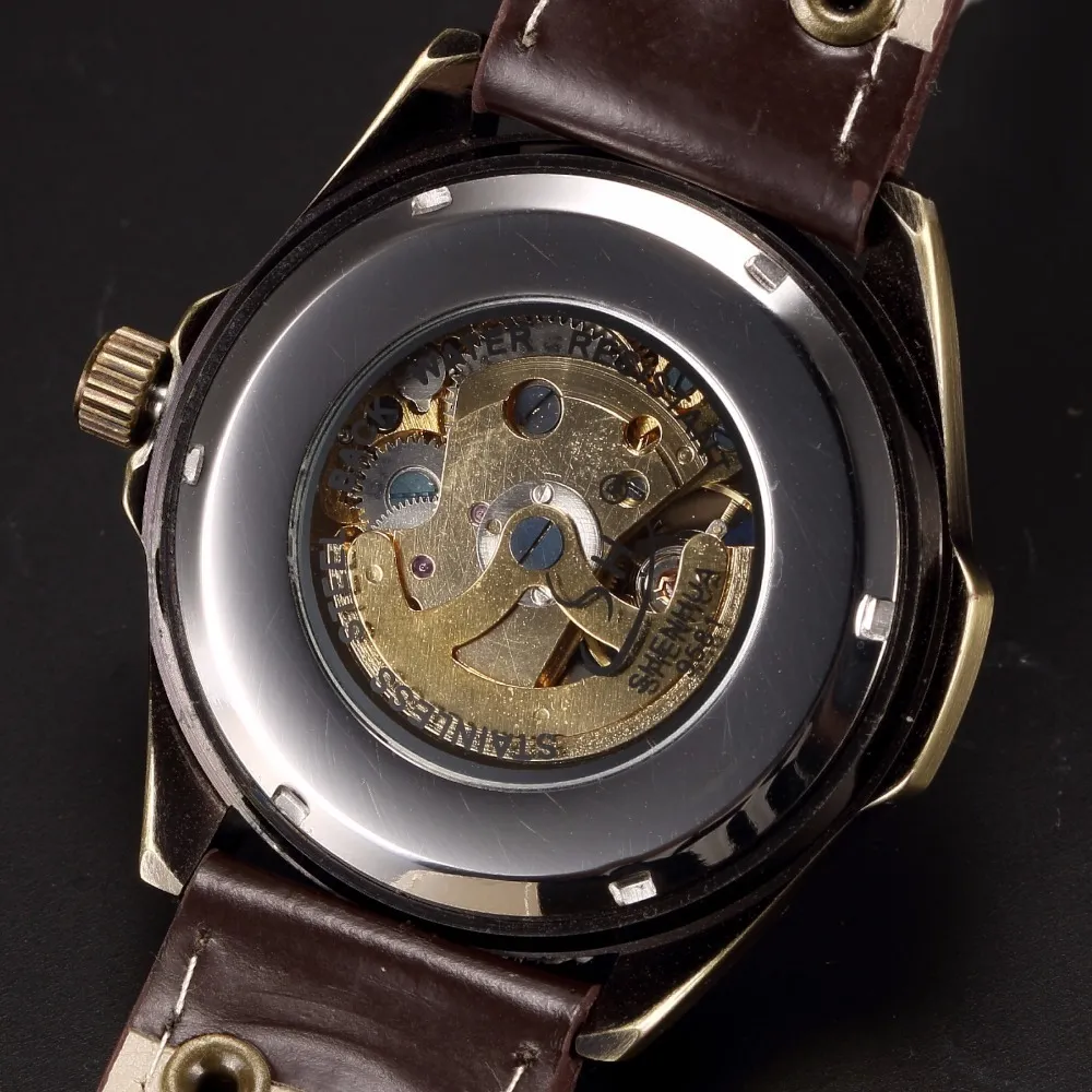 Mechanische Uhr Männer Shenhua Retro Bronze Sport Luxus Top Marke Leder Uhr Skeleton Automatische Uhren Relogio Masculino Y19062255o