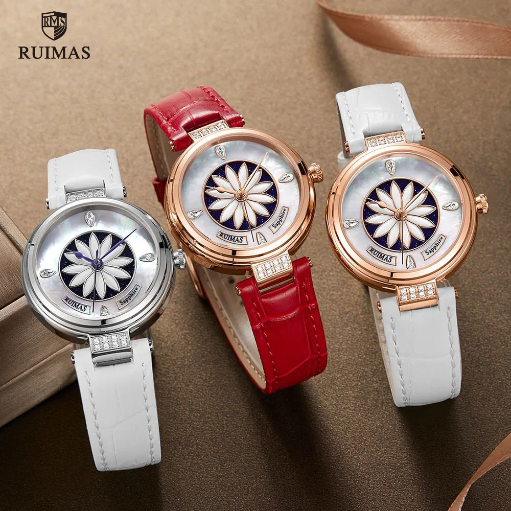 RUIMAS femmes montres de luxe bracelet en cuir rouge montre-bracelet automatique cadran fleur montre mécanique dame filles horloge étanche 6776296N