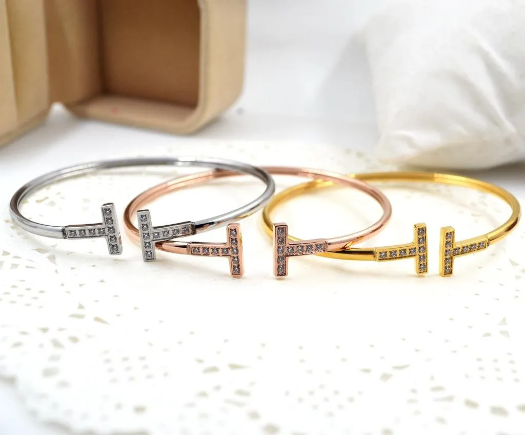 Серебряный браслет-манжета из нержавеющей стали, микроскоп, циркон, двойная Т-образная буква, браслеты с покрытием из 18-каратного розового золота, браслет для женщин fa3078