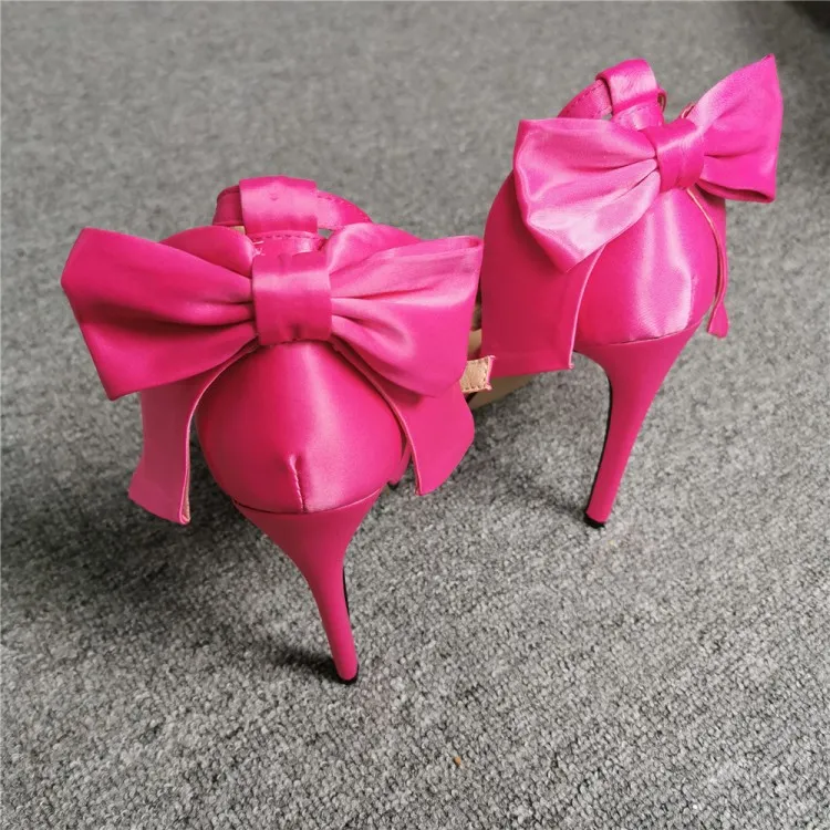 rontic 여성 새틴 펌프 얇은 하이힐 나비 매듭 펌프가 뾰족한 발가락 화려한 자홍색 파티 신발 여성 플러스 미국 크기 5-15