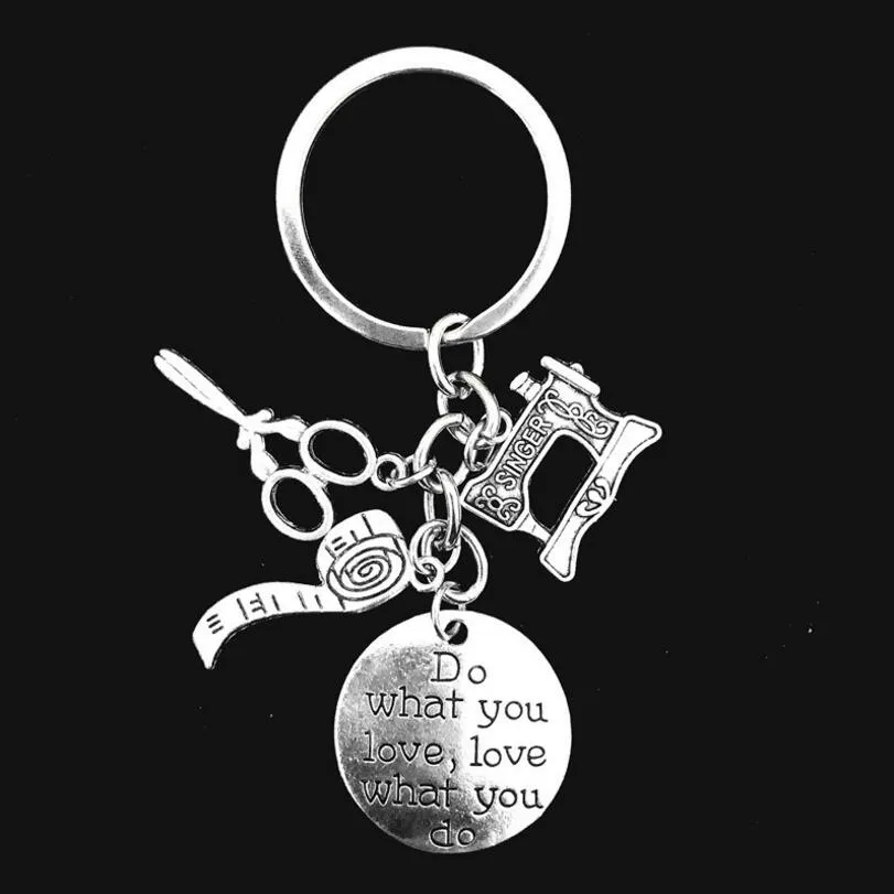 Делай то, что любишь Алфавит Тег Швейная машина Ножницы Рулетка Очаровательный брелок Дизайнерский брелок для ключей Творческая пара ювелирных изделий 4771204