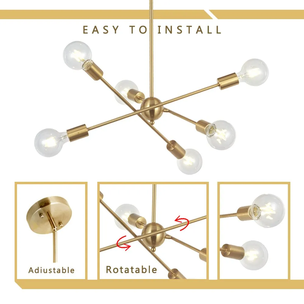 Lámpara de araña Sputnik moderna, iluminación de 6 luces, lámpara de latón cepillado, iluminación colgante de mediados de siglo, lámpara de techo dorada para H257W