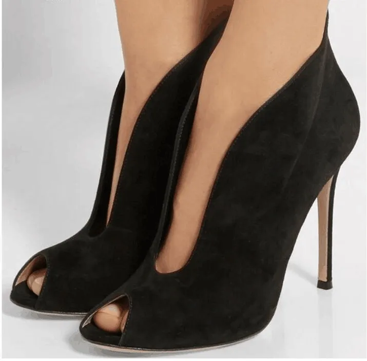 Rontic, nuevos y elegantes botines de verano para mujer, botas sexis finas de tacón alto, zapatos negros elegantes con punta abierta para mujer, tallas grandes de EE. UU. 5-15