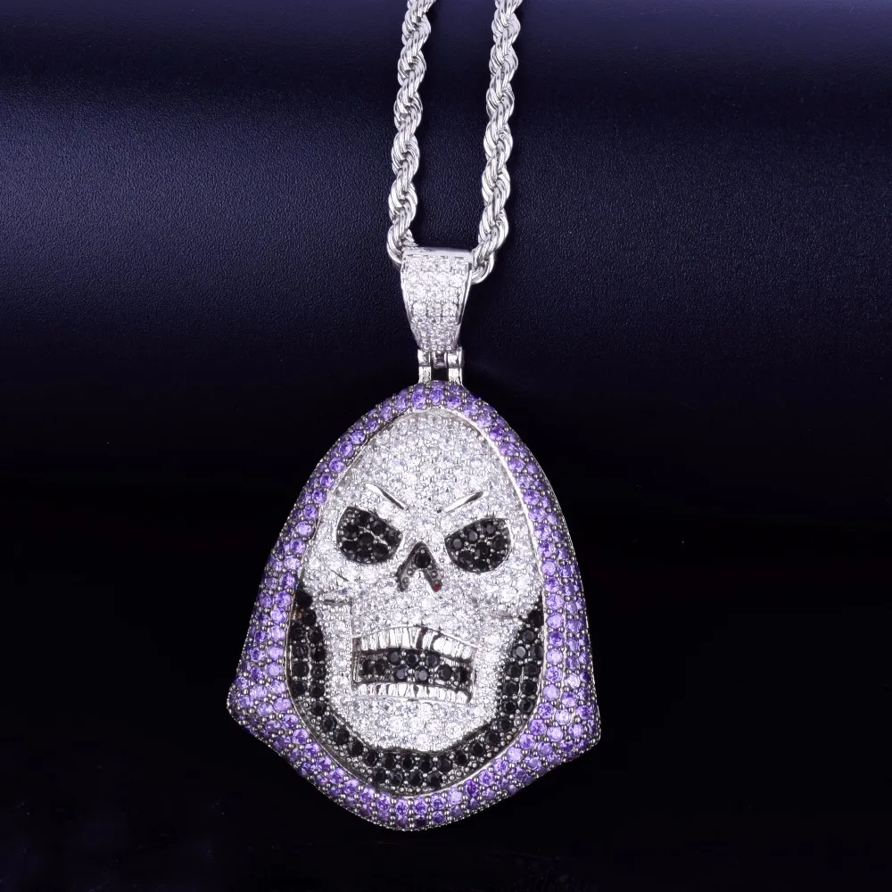 Hoody Skull Purple Stone Netclace Netclace Chaint Caint Gold Silver Iced Out Zirconia Hip Hop Rock Jewelry2671