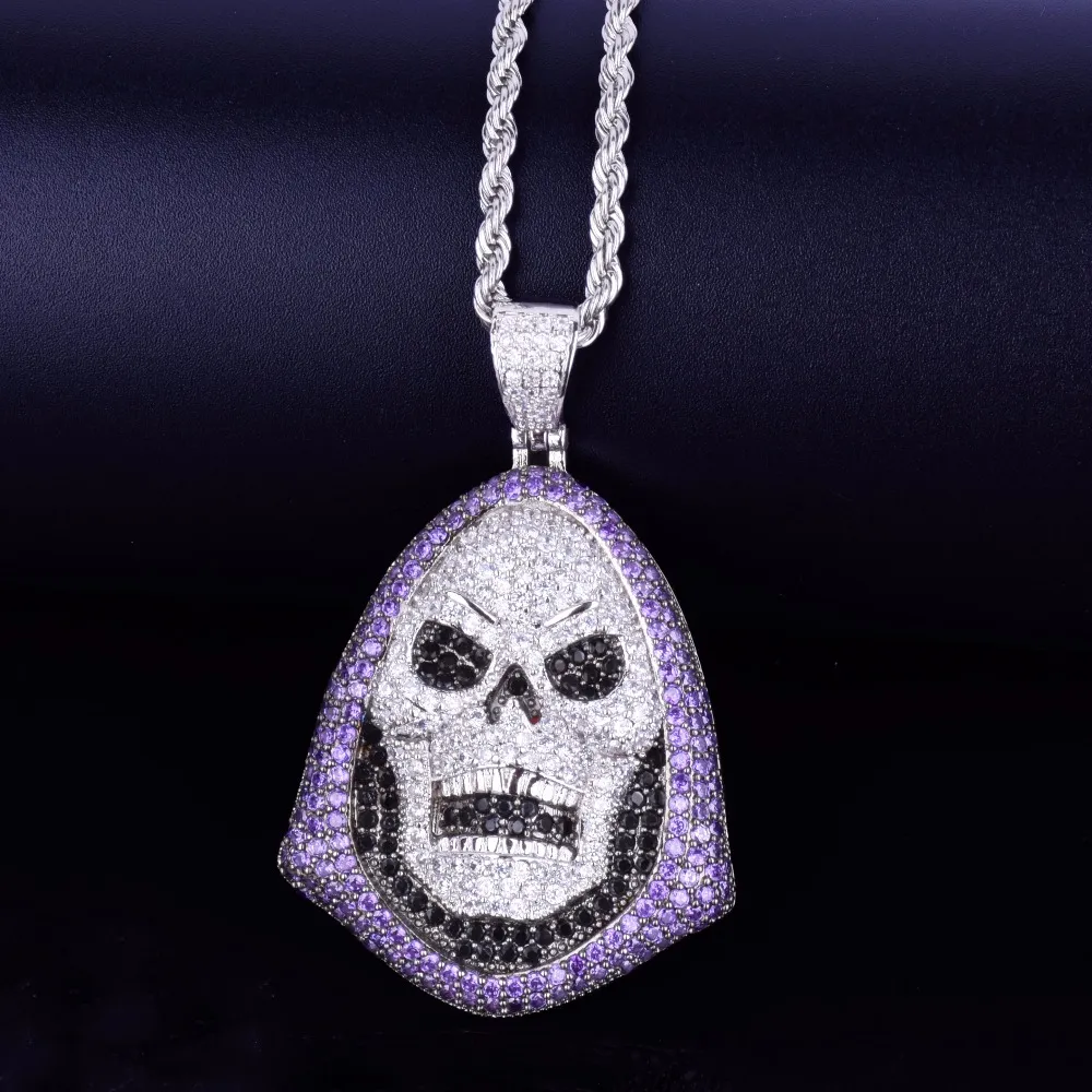 Hoody Skull Purple Stone Pendant Halsband Personlighetskedja Guld Silver Iced Out Cubic Zirconia Hip Hop Rock Jewelry2671