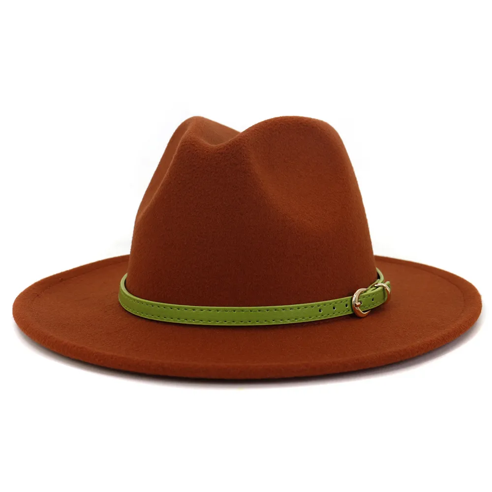 Lime Green Wool Felt Fedora Hat With Belt Buckle Decoration For Women