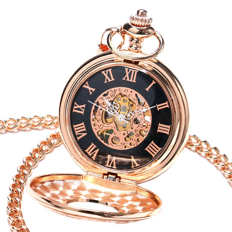 Clássico steampunk rosa ouro cor handwinding relógio de bolso mecânico unisex numerais romanos esqueleto relógio pingente corrente reloj d239h