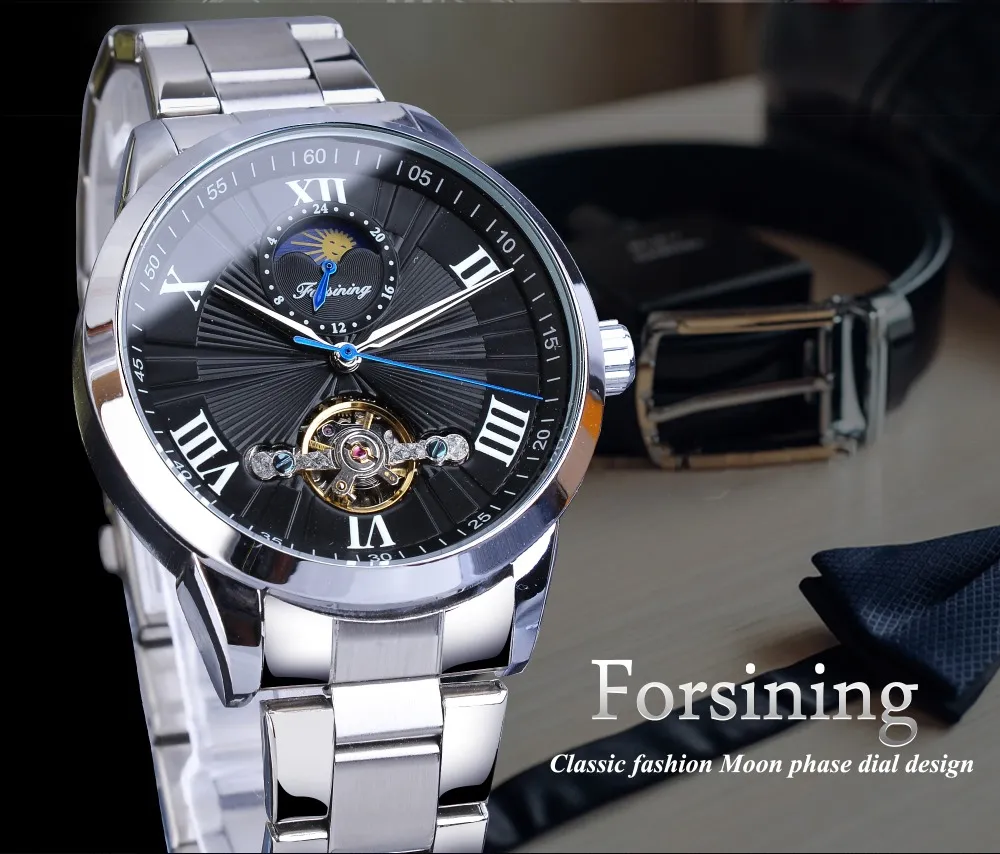 Forsining Klassische Männer Tourbillon Mechanische Uhr Mode Marke Schwarz Mondphase Business Stahl Band Automatische Uhr Reloj Hombre254Z