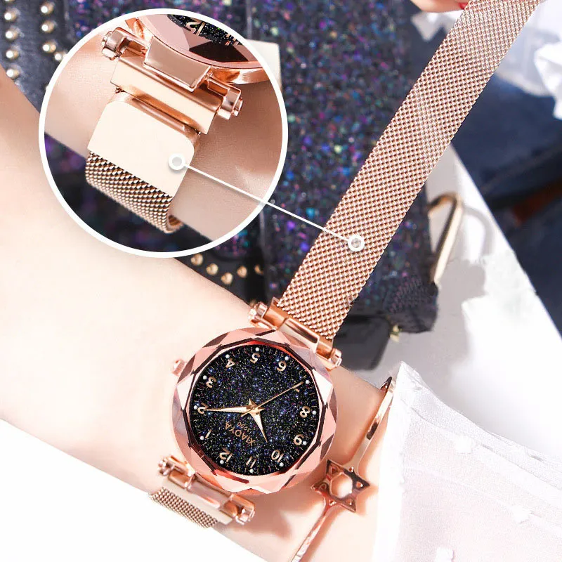 2019スターリースカイウォッチ女性ファッションマグネットウォッチレディースゴールデンアラビア腕時計レディーススタイルブレスレットクロックY19186D