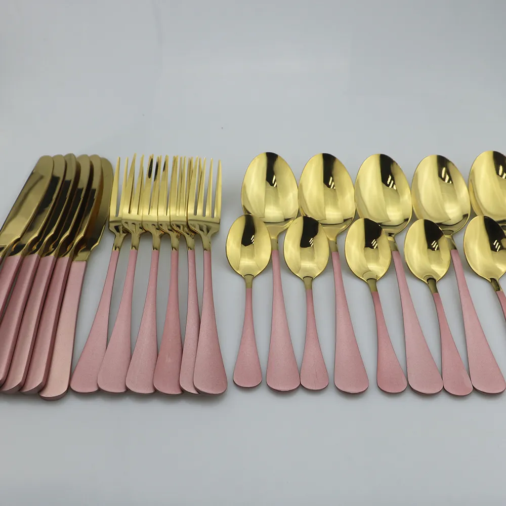 24 pièces or rose vaisselle miroir couverts ensemble couteau de cuisine cuillère fourchette dîner ensemble 304 acier inoxydable vaisselle argenterie plaqué vaisselle