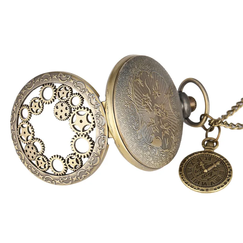 Vintage Bronze Hollow Out Gear Case Unisex Quartz Pocket Watch Antique Analog Clock Necklace Chain for Men Women Gift263g