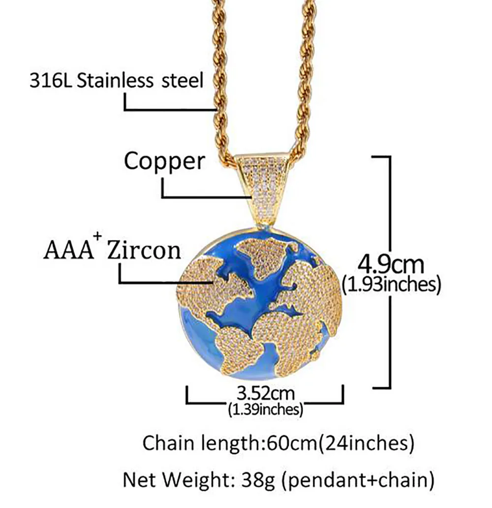 ICED OUT CZ BLING BLAUWE AARDE HANGER KETTING HEREN Micro Pave Zirconia Gesimuleerde Diamanten Necklace284f