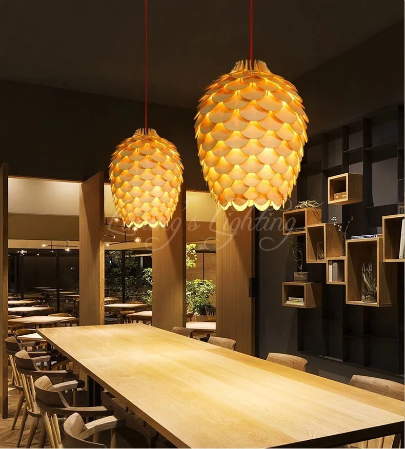 Ek trä pinecone pendellampor hängande trä lampor matsal restaurang retro fixturer belysning281s