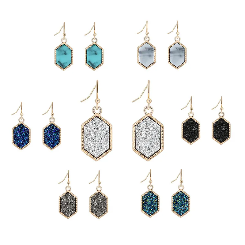 Chaîne de clavicule en alliage de résine plaqué argent, pendentif en diamant Turquoise groupé de couleur, boucles d'oreilles géométriques Druzy Drusy215w
