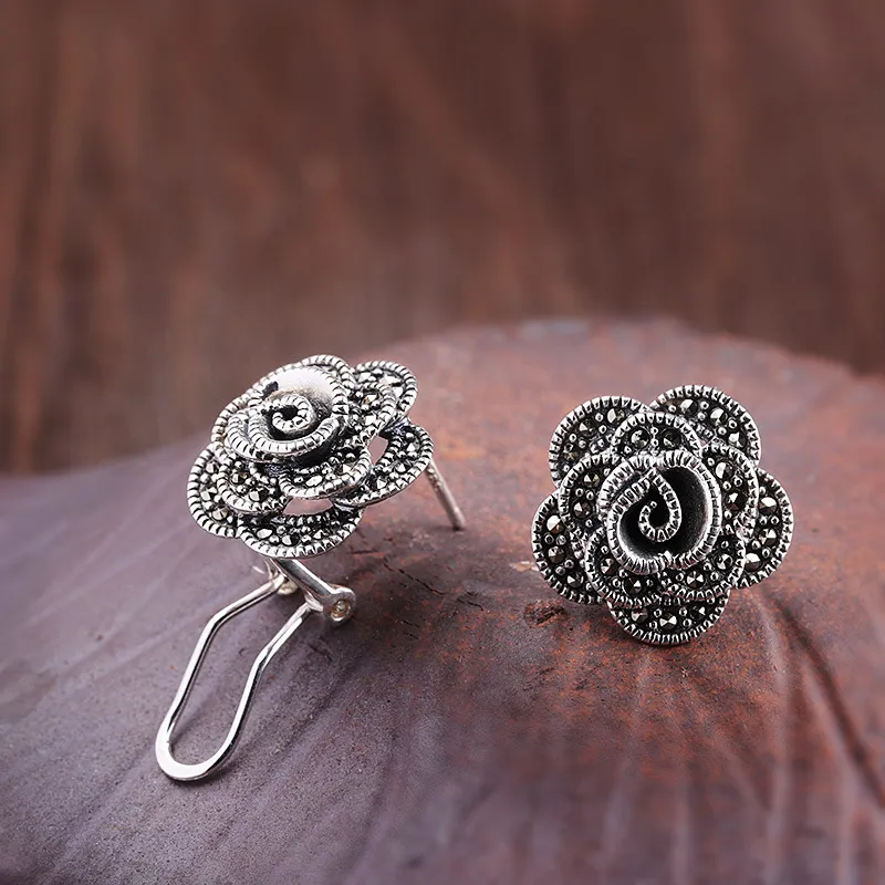 Gagafeel S925 Sterling Silver Rose stud arring marcasite flower flower arocring