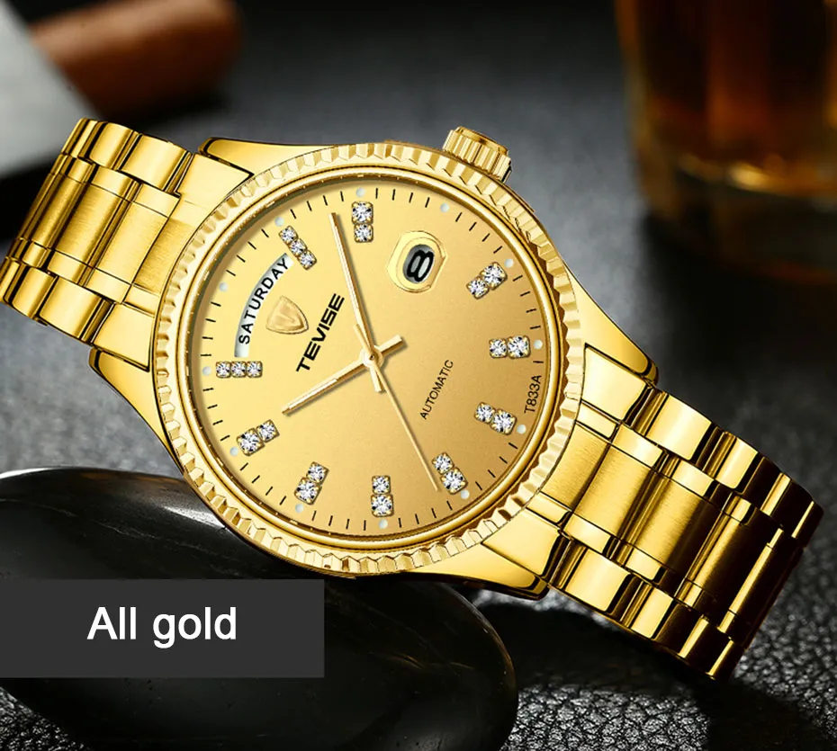 Tevise, reloj mecánico automático dorado de lujo para hombre, reloj de pulsera de acero inoxidable con fecha para negocios, reloj Masculino304Z