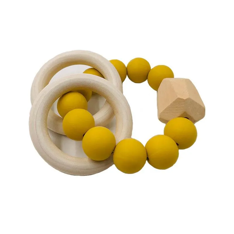 2021 neue Natürliche Holz Ring Beißringe für Baby Gesundheit Pflege Zubehör Säuglings Finger Übung Spielzeug Bunte Silikon Perlen Schnuller