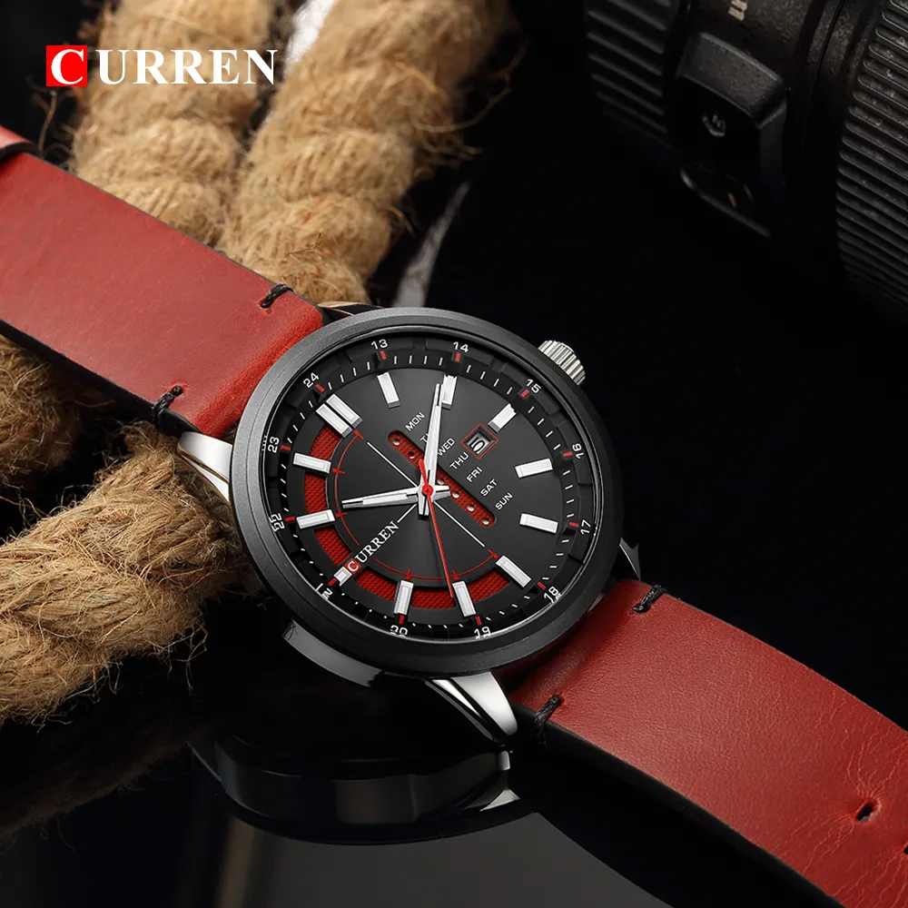 Curren Casual Leather Business Business Wrists Classic Black Quartz Men's Watch Afficher Date et semaine Male étanche CLOC156Q