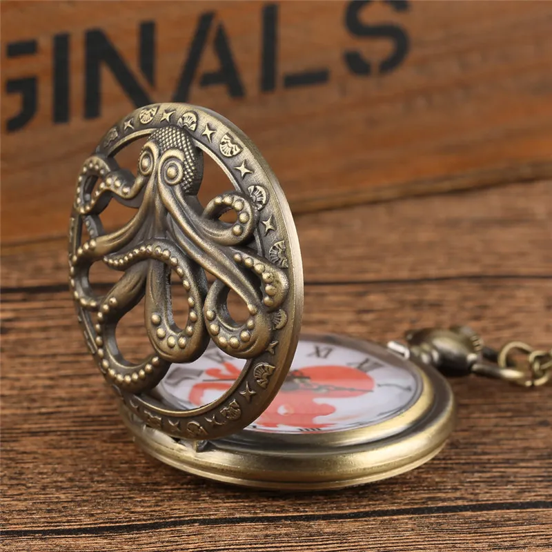 Retro Octopus Hollow Half Hunter Quartz Pocket Watch Vintage Grey Bronze Necklace Pendant Chain for Kids Men Women reloj246V