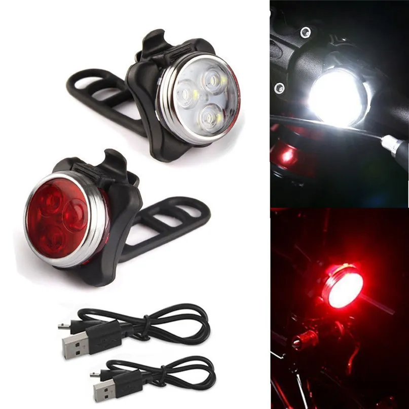 1 Pair USB Rechargeable Bike Light Set Super Bright Front Headlight and Free Rear LED Bicycle Light Safety Warning #2A28 (4)