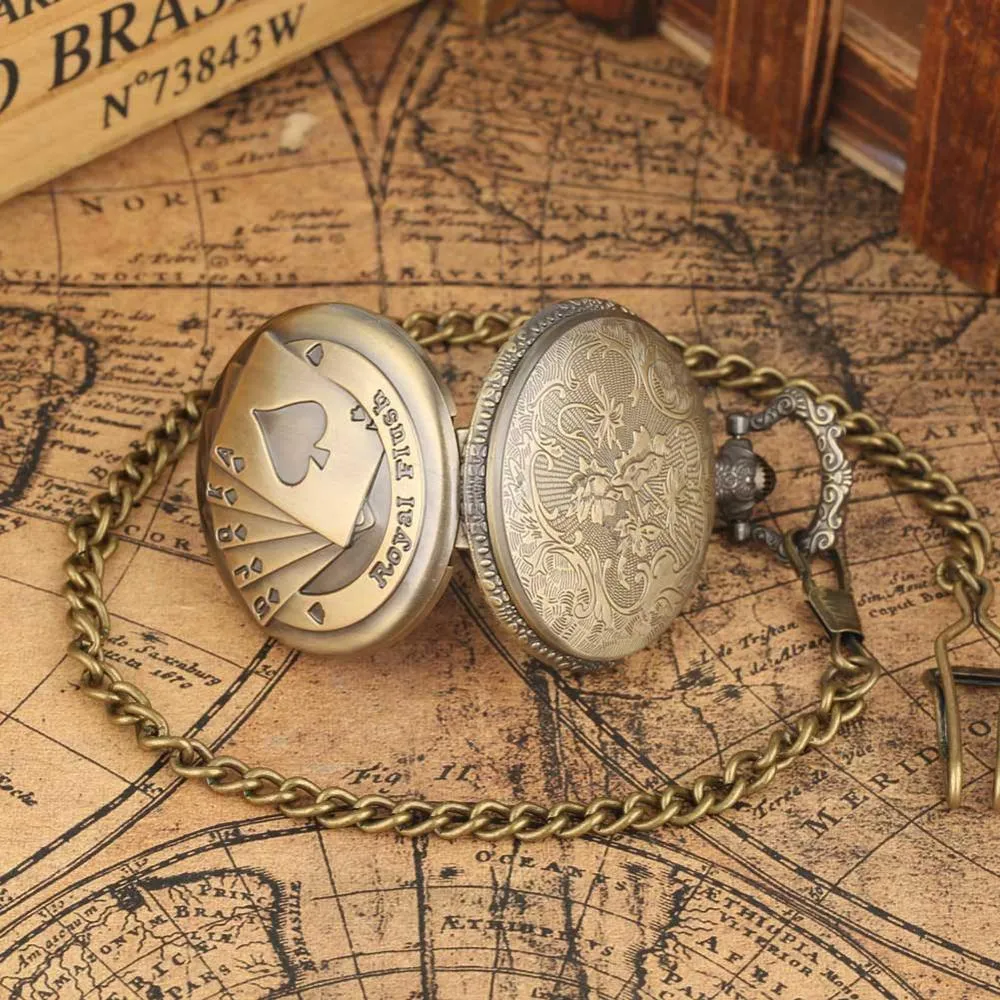 Vintage Pocket Watches Retro Bronze Royal Flush Quartz Pendant Fob Pocket Watch With Necklace Chain Gift Clock for Men Women277L
