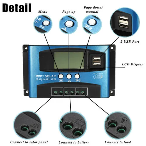 Controlador de carga do regulador de painel solar 100A MPPT 12V 24V rastreamento automático de foco219e