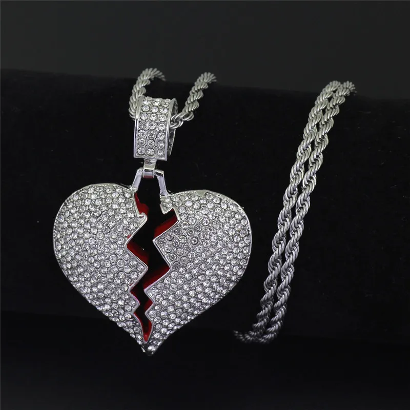 Trendy rood gebroken hart hanger hiphop verklaring ketting met volledige strass goud zilveren ketting voor mannen vrouwen 2 kleuren 1966