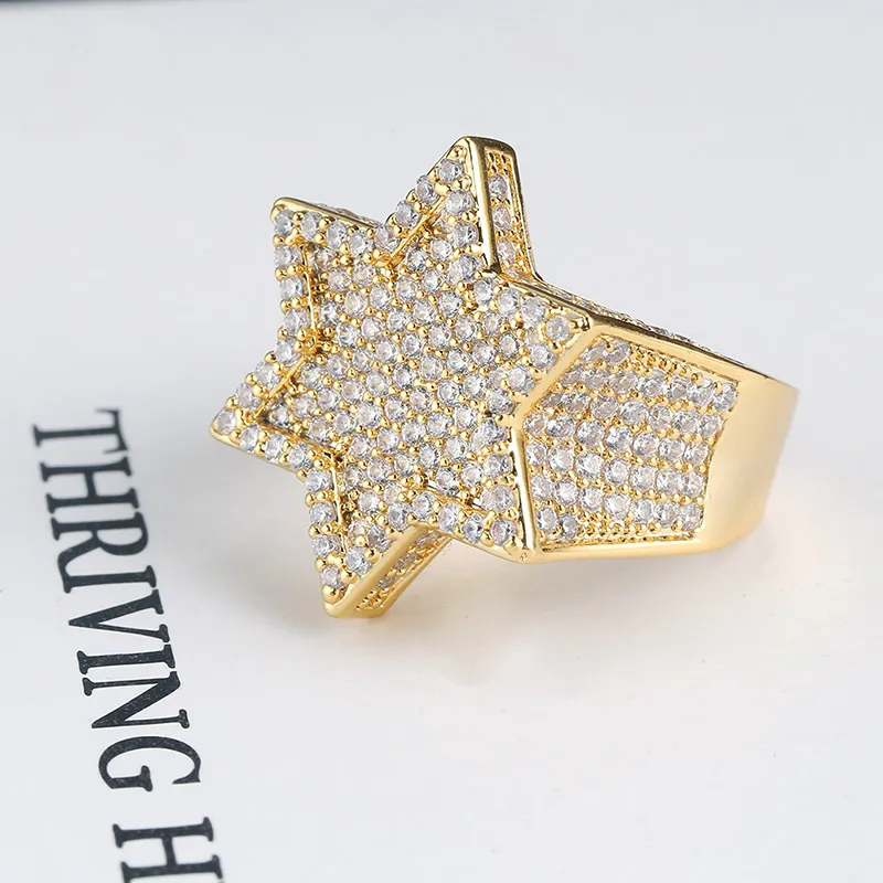 Real Gold White Gold Plated Mint Green Iced Out Cubic Zirconia Hexagonal Star Finger Band Ring Bling Diamond Street Rapper Ring 249p