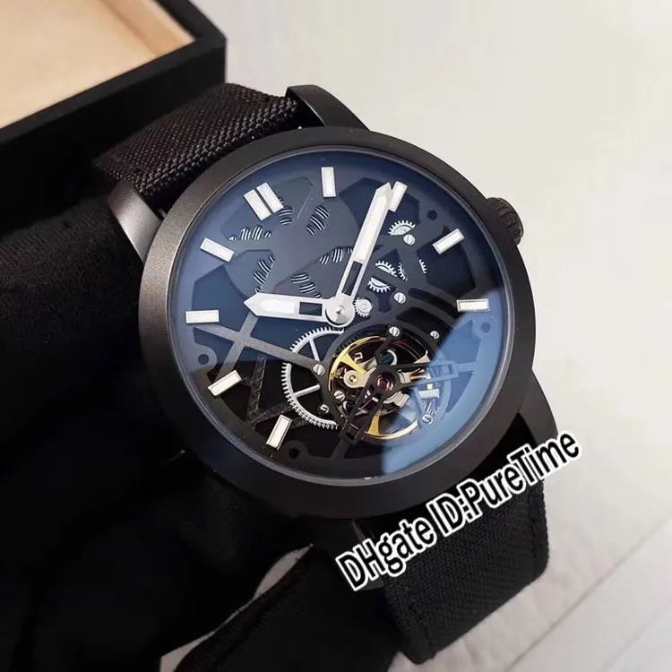Новый Master Compressor Стальной корпус Черный скелетонизированный циферблат Автоматические мужские часы с турбийоном Нейлоновый кожаный ремешок Дешевые часы Puretime E5273f