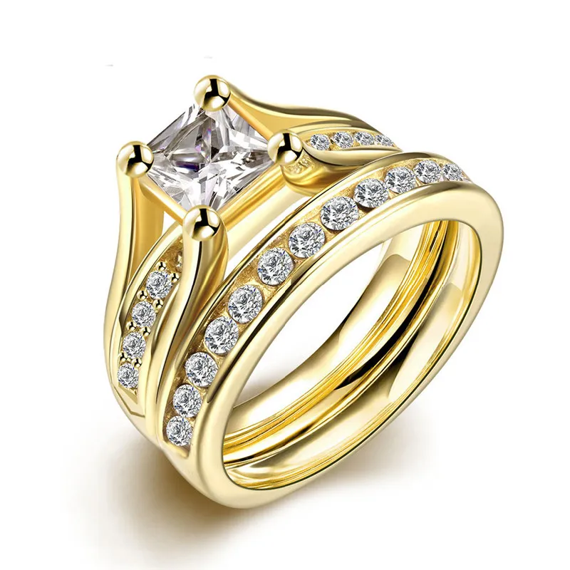 Sz6-12 ZWEI RINGE Paar Ringe Gelbgold gefüllt Princess Cut Cz Damen Eheringe Sets Edelstahl Herren Ehering263h