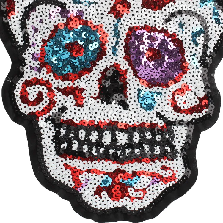 Halloween stor paljett skalle broderi patch väska sy på applikation dekorativa klädtillbehör200a