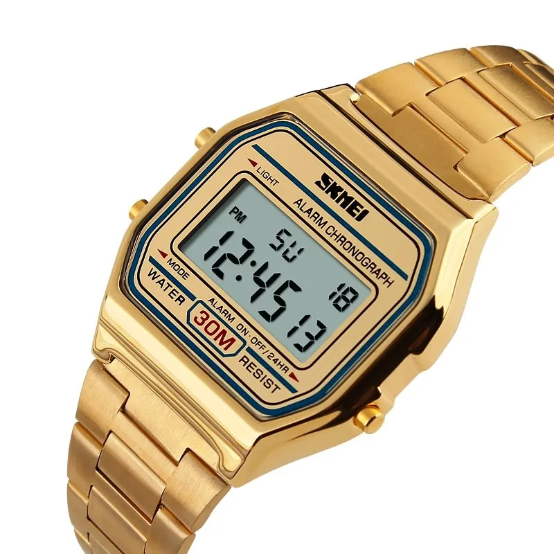 SKMEI mode montre de Sport décontractée hommes bracelet en acier inoxydable affichage LED montres 3Bar étanche montre numérique reloj hombre 1123323x