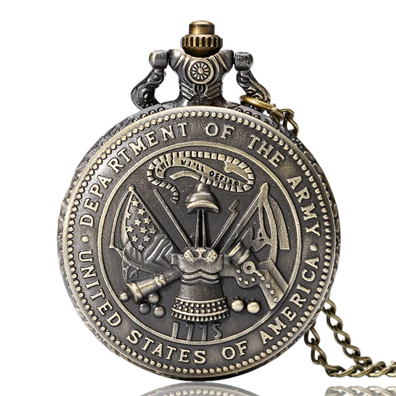 Retro brązowy Departament Armii Stanów Zjednoczonych Pocket Watch Vintage kwarc analogowy zegarki wojskowe z łańcuchem naszyjnikiem 238n