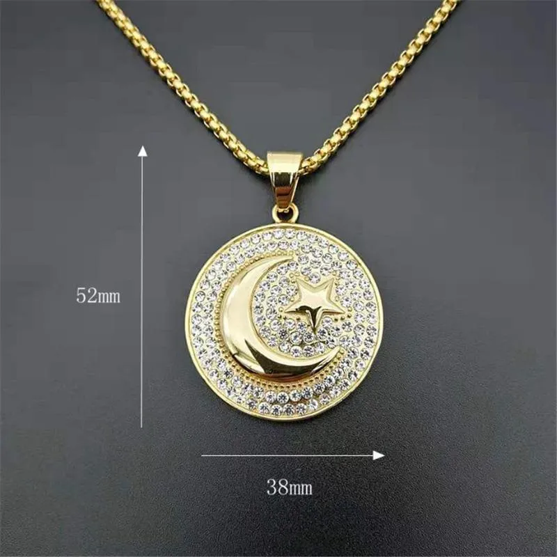 Hip Hop Iced Out Crescent Moon och Star Pendant Rostfritt stål Runda muslimska halsband för kvinnor män Islam smycken dropp1222f