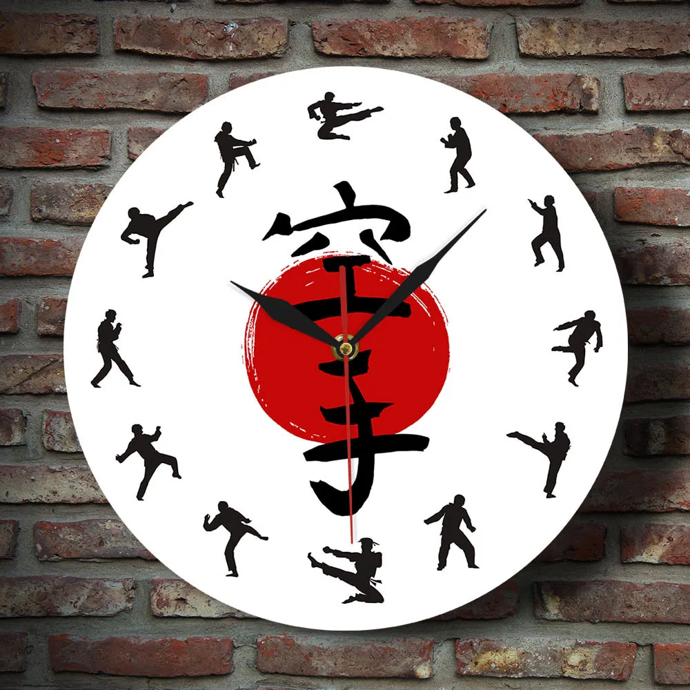 Fistfight Karate Wall Decor Hanging Silent Wall Watch Japanese Martial Arts Karate Silhouettes Living Room Decorative Wall Clock Y200407