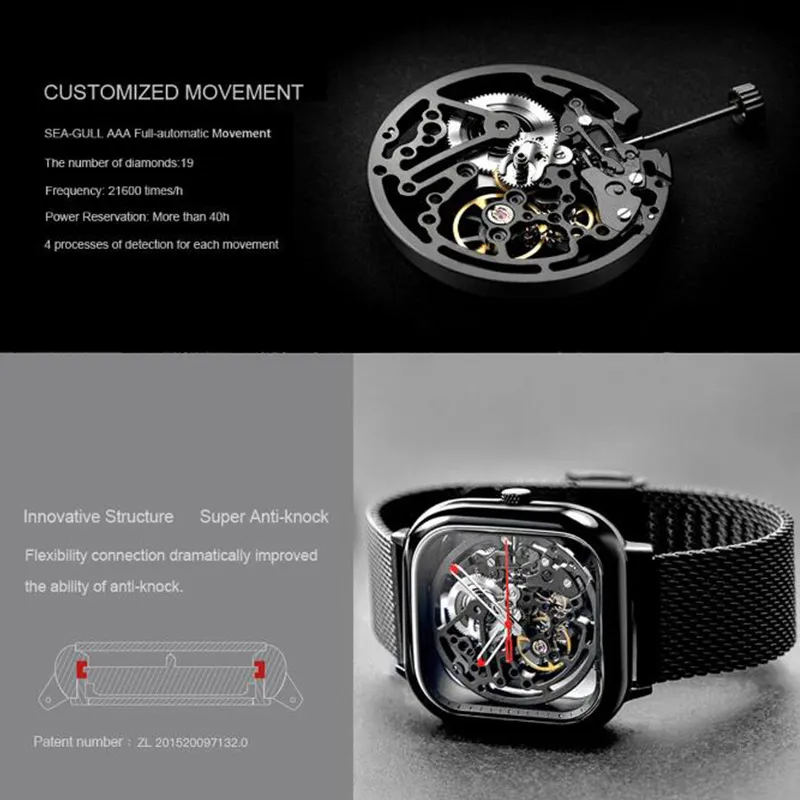 Оригинальные часы Xiaomi Youpin CIGA Design, автоматические полые механические часы, мужские квадратные механические часы CYX-C7 3002455233g