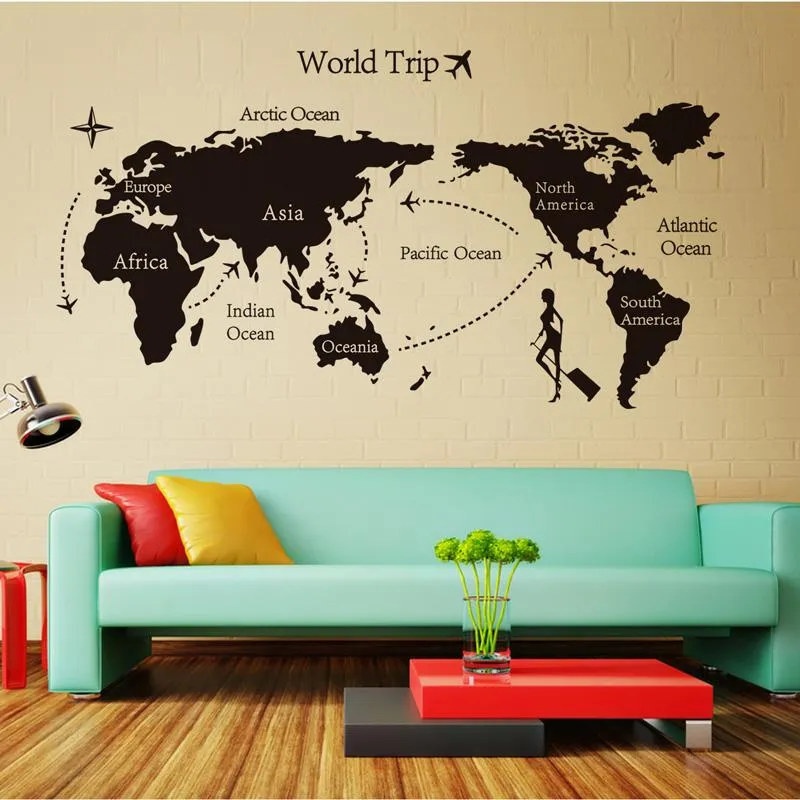 Черная карта путешествия по миру, виниловые наклейки на стену для детской комнаты, домашний декор, офисные художественные наклейки, 3D обои, украшение для гостиной, спальни317J