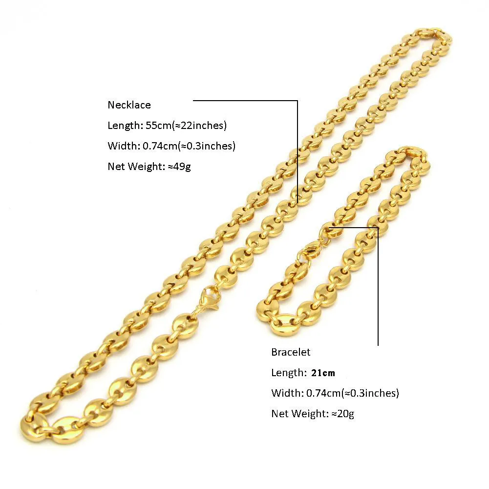 Coffee Beans Link Chain 7 4MM Necklace For Men Stainless Steel Rope Link chain Necklaces Fashion Hip hop Men Jewelry290s