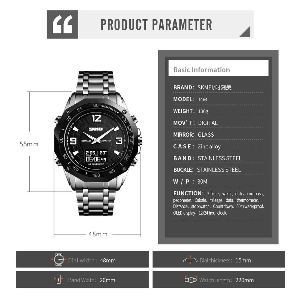 SKMEI 3 часы для мужчин, наручные часы с компасом и калориями, мужские термометры, секундомер, мужские часы, цифровые спортивные часы, relogio masculino 1464267u