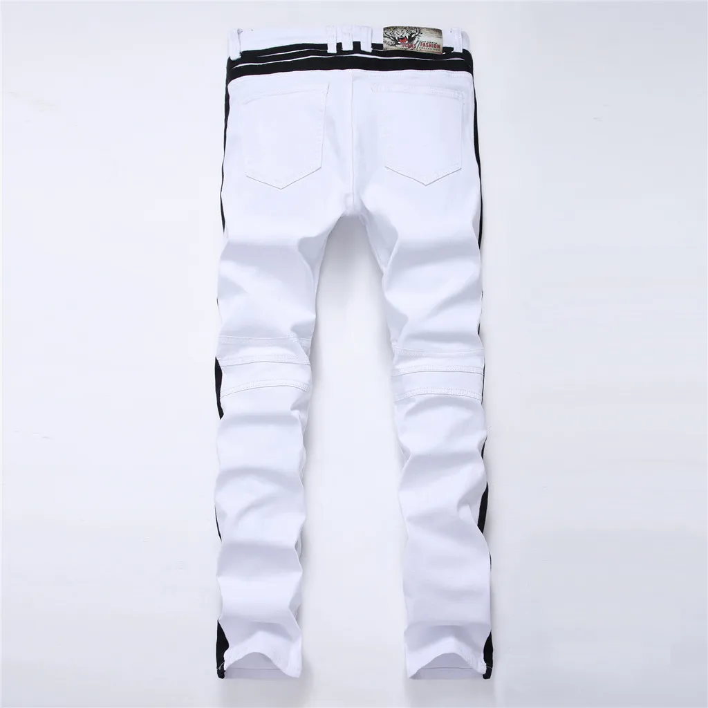 Novo buraco branco calças de brim masculinas em linha reta nova marca jeans com zíperes contraste cor listra calças masculinas magro plus size trouse276q