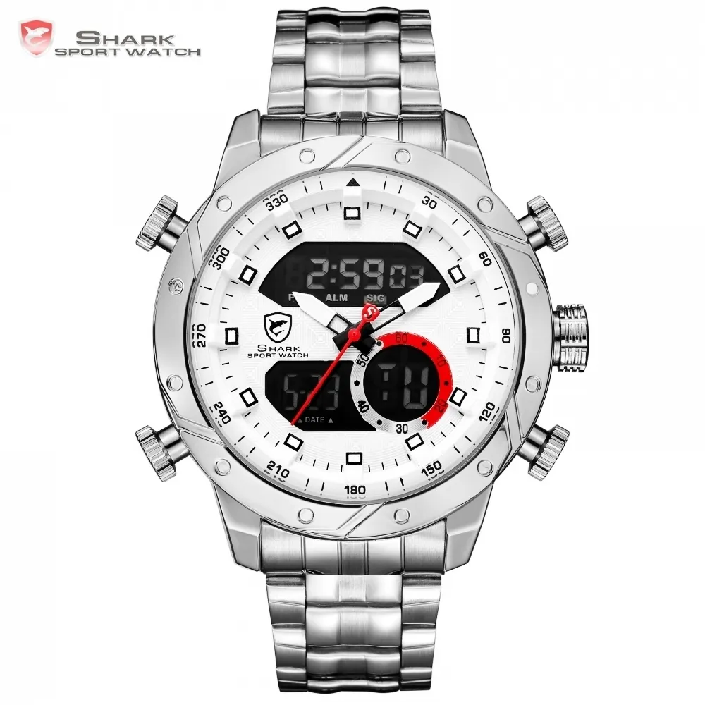 Snaggletooth Shark Sportuhr LCD Auto Datum Alarm Stahlband Chronograph Dual Time Herren Relogio Quarz Digital Armbanduhr sh589 Y2294