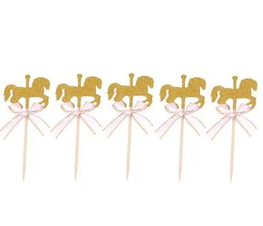 Décoration de Cupcake cheval de dessin animé avec nœud papillon, carrousel doré à paillettes, décoration de gâteau de fête d'anniversaire de mariage, bricolage, décoration de gâteau faite à la main2976
