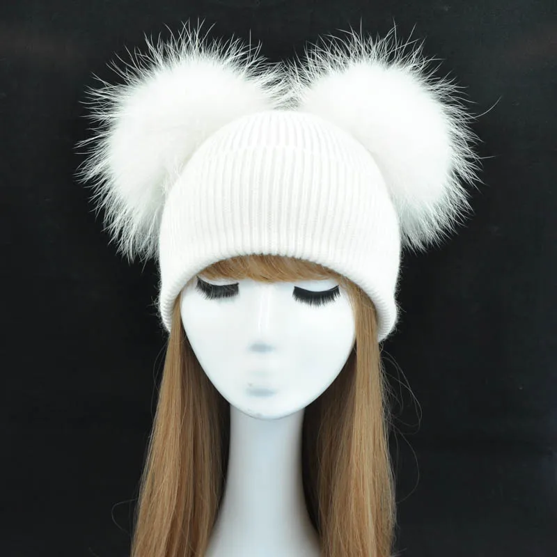 Moda-dupla pele real pom pom chapéu feminino inverno bonés de lã de malha chapéus crânios gorros gfemale natural duas peles pompom gorro hat240c