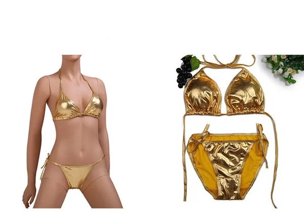 Mosaic Gold Bikini Set Women Patent Leather Exotic Lingerie Bandage Biquini Swimsuit Shiny Sexy Sukumizu PU T-Back Gstring