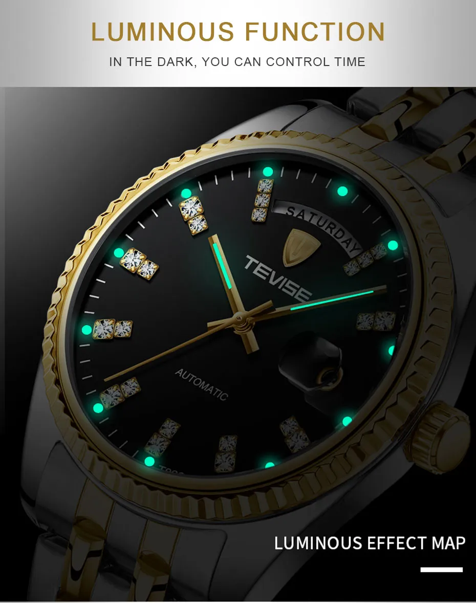 Tevise, reloj mecánico automático dorado de lujo para hombre, reloj de pulsera de acero inoxidable con fecha para negocios, reloj Masculino304Z