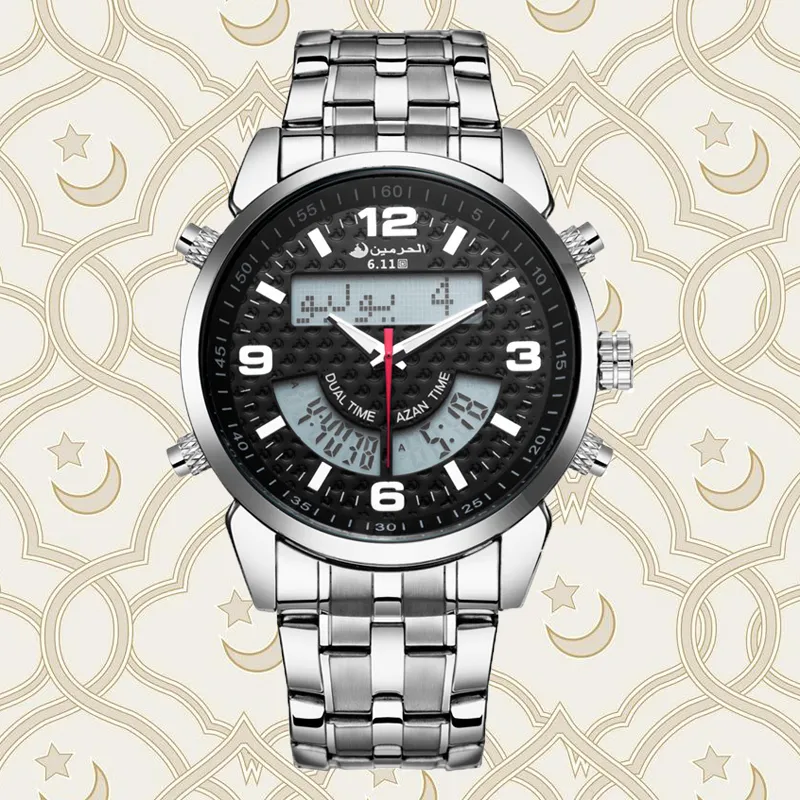 6 11 جديدًا جديدًا من الفولاذ المقاوم للصدأ LED Digital Dual Time Azan Watch Y19052103290N