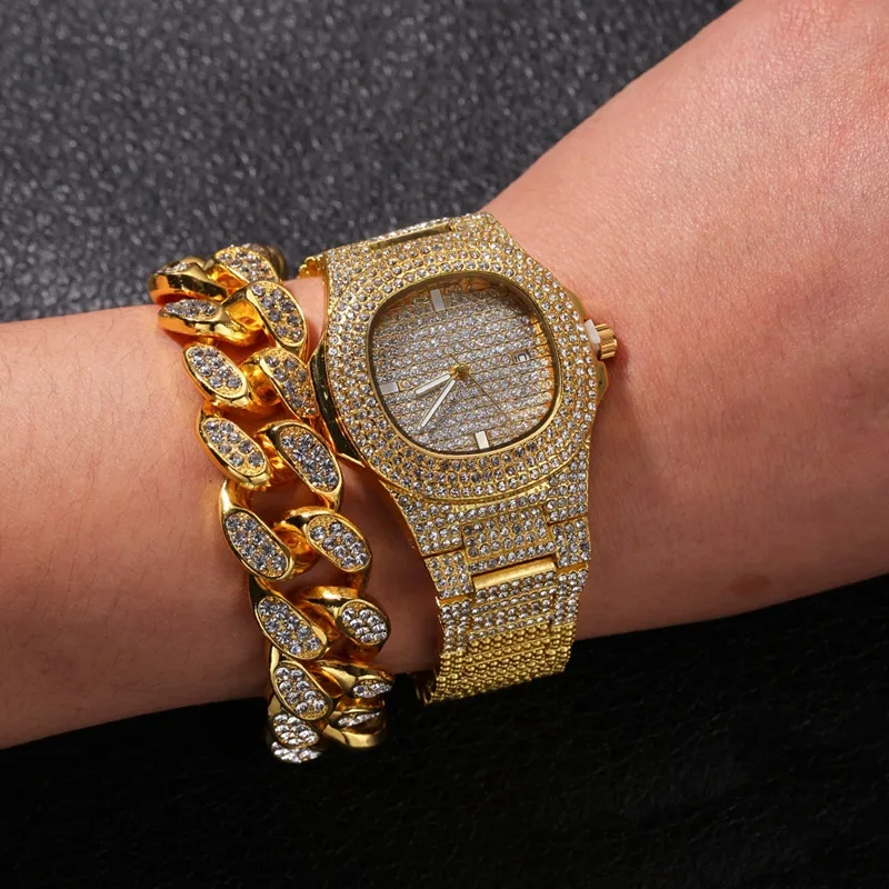 Men Iced Out Diamond Cuban Link Chain Rose Gold Silver Watch Necklace Bracelet Set Hip Hop Bling Chains Jewelry244T