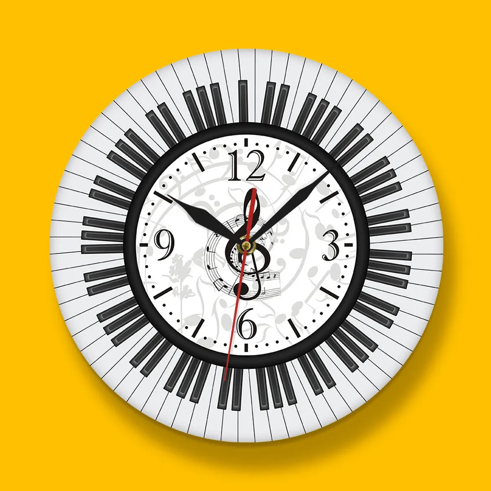 ピアノキーボードトレブルクレフウォールアートモダンウォールクロックノート黒と白の壁の時計音楽スタジオ装飾ピアニストギフトY204362306