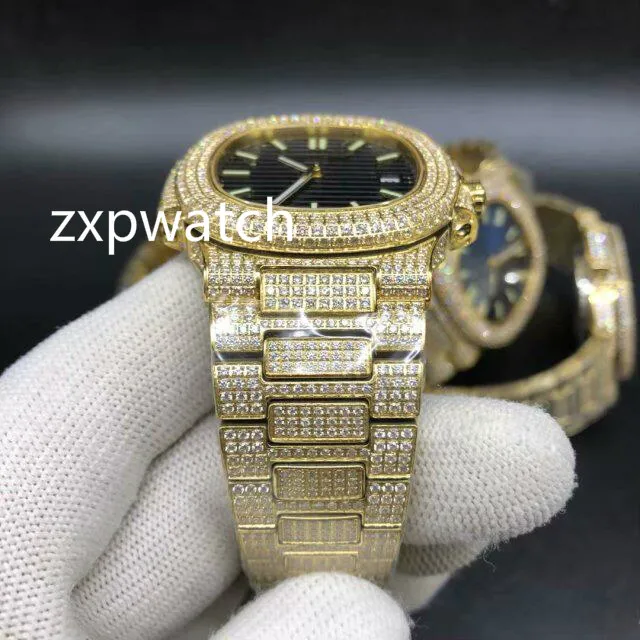 Reloj lleno de diamantes Reloj de lujo con hielo Automático 40MM Hombres oro 316 Acero inoxidable 4 cara de color Reloj de diamantes de alta calidad para hombres 246g